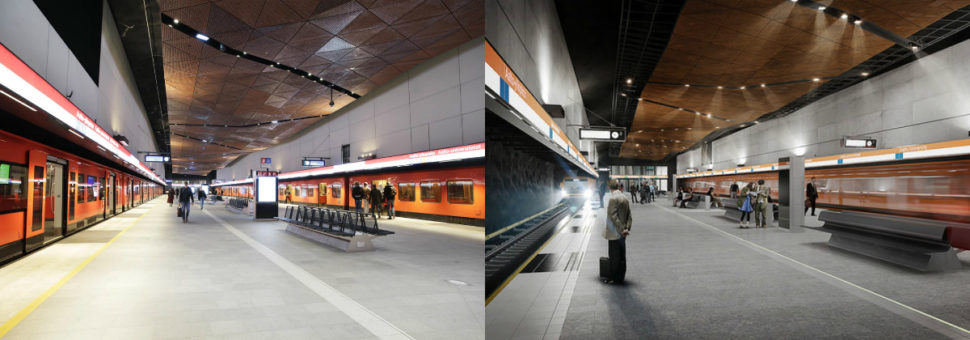 Vasemmalla on Aalto-yliopiston metroaseman laiturialue valmiina, oikealla on siitä havainnekuva. Aalto-yliopiston aseman suunnittelusta vastaa arkkitehtitoimistot ALA Oy + Esa Piironen Oy.