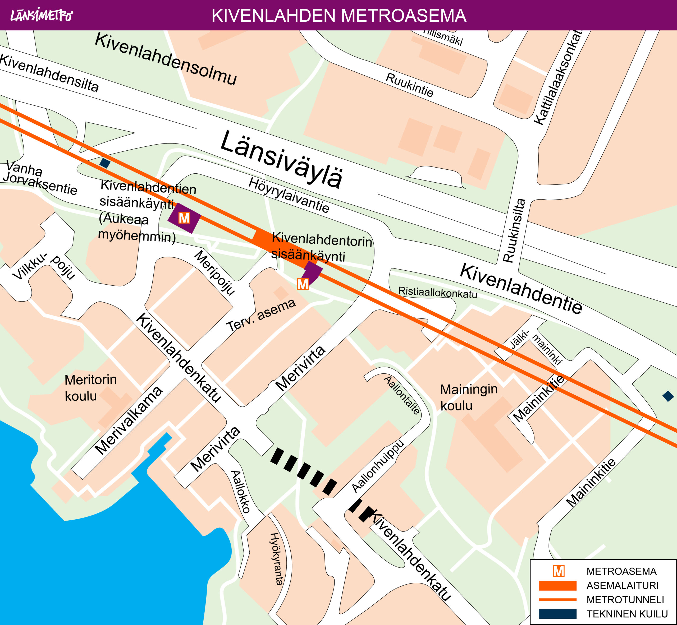 The Kivenlahti metro station has two entrances: the Kivenlahdentori entrance and the Kivenlahdentie entrance. The Kivenlahdentori entrance is located on the east side of the platform. The Kivenlahdentie entrance is located on the west side of the platform. When the metro service starts between Matinkylä and Kivenlahti in 2023, the Kivenlahdentie entrance will not be open to passengers due to other construction ongoing in the area. This entrance will be opened once construction in the area around the entrance is completed. In addition, the station features technical shafts.